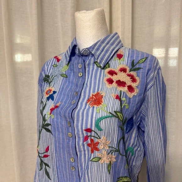 Johnny Was Workshop Madaleina Double Button Stripe Shirt Floral Boho Women's XS - Picture 2 of 9